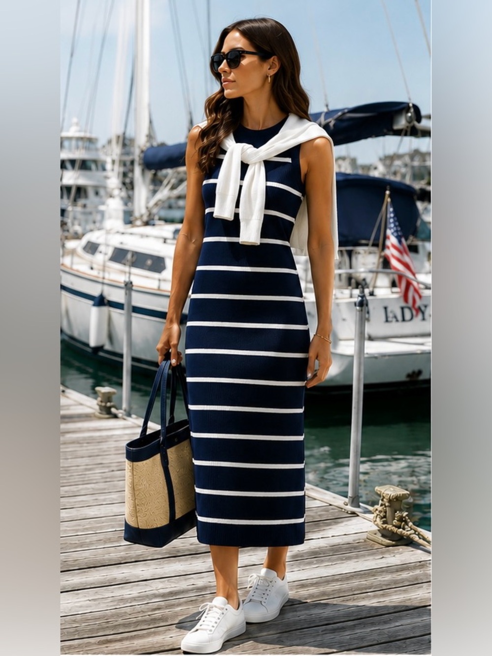 525 America Emma Cotton Midi/Maxi Dress Navy/White | Americana Coastal Elegance - Picture 6 of 16